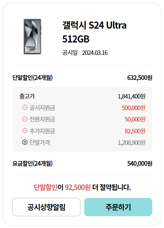 공시지원금 예시 요금제