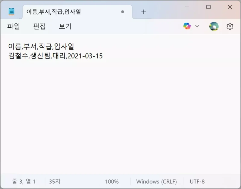 메모장에 CSV 데이터 입력 예시
