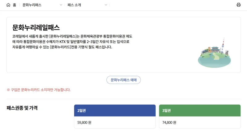 문화누리레일패스 코레일 소개화면