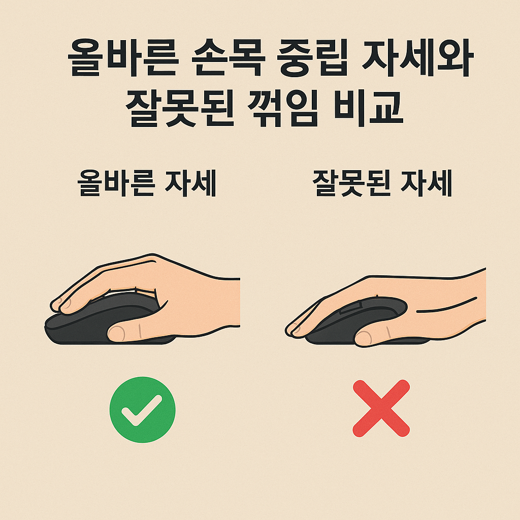 올바른 손목 중립 자세와 잘못된 꺾임 비교 이미지