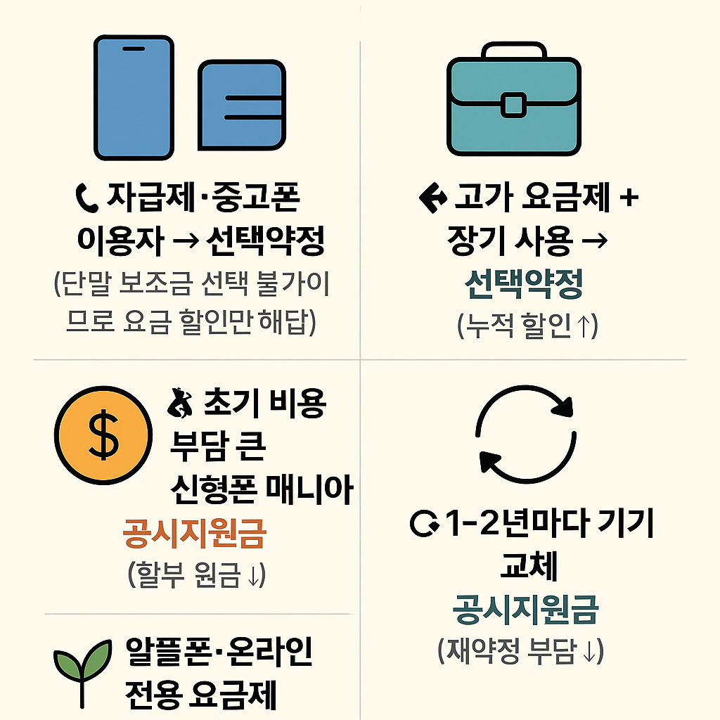 선택약정 vs 공시지원금 유형별 추천을 인포그래픽으로 표현한 이미지