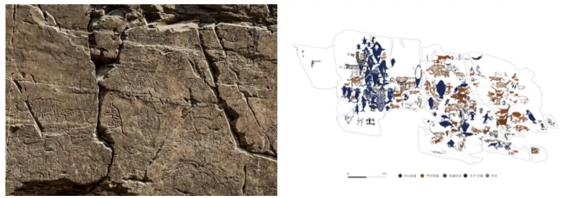절벽 전면 도면(스케치) 또는 안내판 확대 사진 출처 반구대암각화박물관2