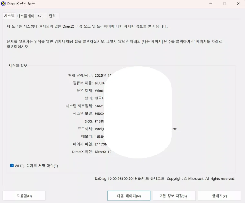 dxdiag 실행 후 디스플레이 탭에서 GPU 이름과 메모리 정보가 표시된 화면