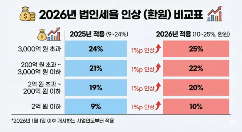 2026년 과세표준 구간별 법인세율 인상 비교표를 직관적으로 보여주는 인포그래픽