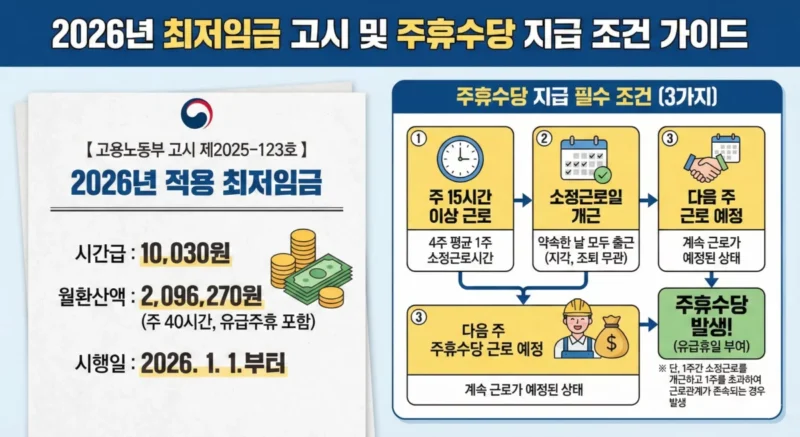 2026년 최저임금 고시문과 주휴수당 지급 조건이 명시된 인포그래픽