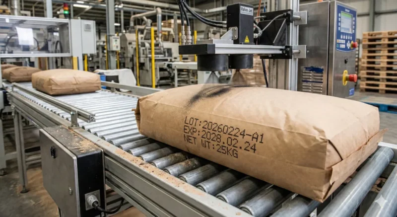 25kg 크라프트 종이 지대에 대문자 밸브젯(DOD) 마킹기로 대형 로트 번호 및 텍스트를 인쇄하는 모습