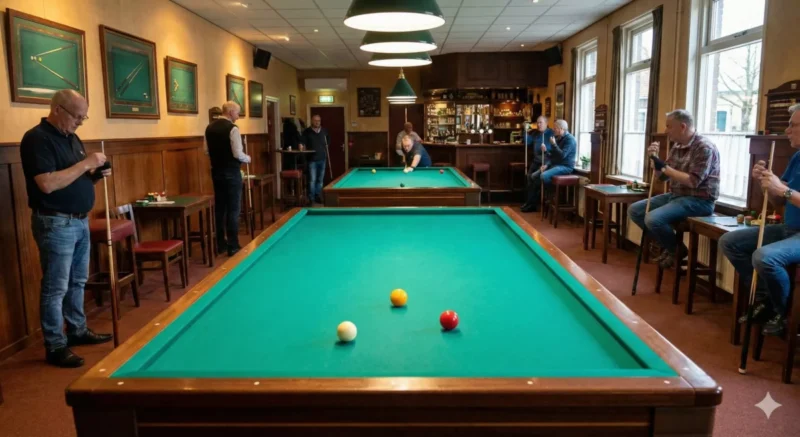 3쿠션 당구대에 공이 3개 놓여져있는 당구장 전경