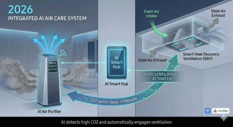 AI 공기청정기와 환기 시스템이 연동되어 작동하는 개념도