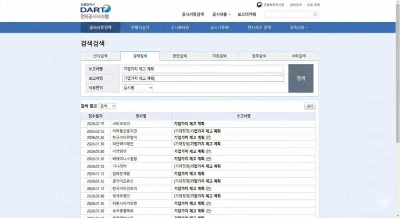 DART 전자공시시스템에서 '기업가치 제고 계획'을 검색하는 화면 예시