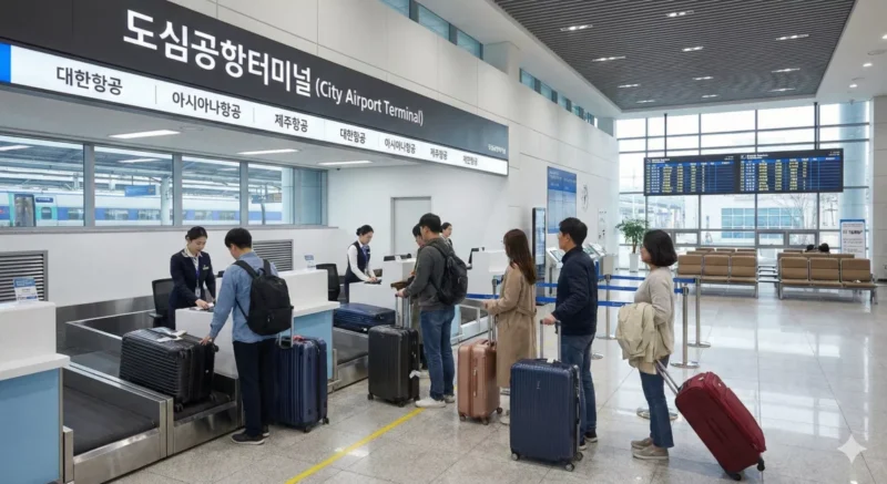 KTX 광명역 내 위치한 도심공항터미널 전경 및 수하물을 위탁하는 여행객들의 모습이 담긴 사진