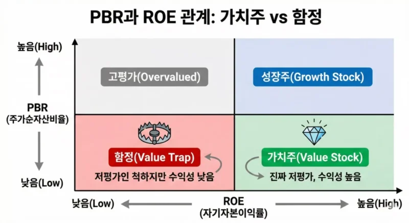 PBR과 ROE 관계를 보여주는 4분면 매트릭스 차트 (가치주 vs 함정 구분)