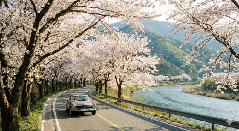 강변을 따라 만개한 하얀 벚꽃 나무들이 줄지어 있는 환상적인 드라이브