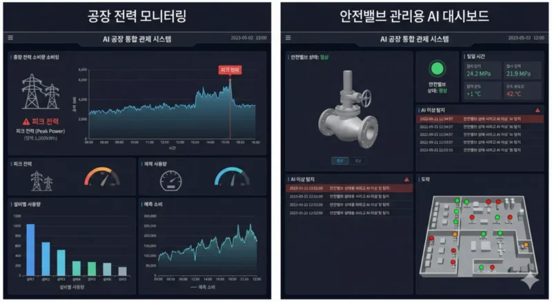 공장 전력 모니터링 화면 및 안전밸브 관리용 AI 대시보드 스크린샷
