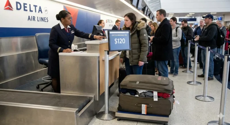 공항 카운터 앞 저울에 짐을 올려두고 초과 요금을 안내받는 상황을 표현한 사진