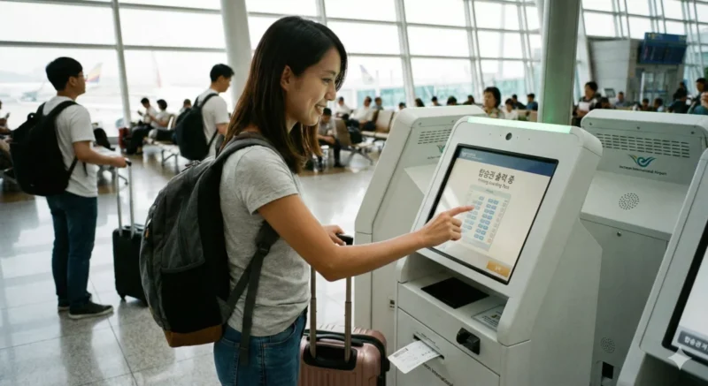 공항 키오스크에서 탑승권 발급하는 모습