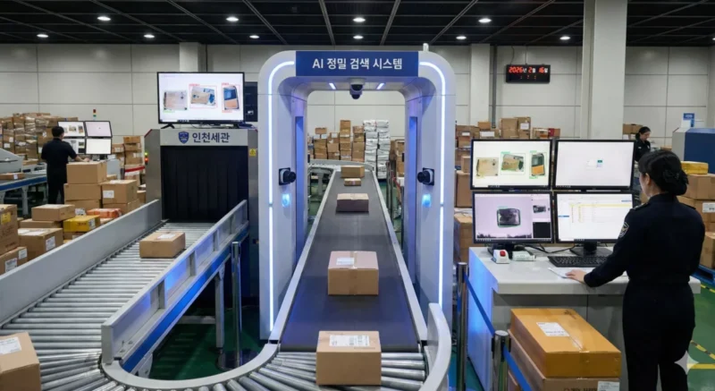 [그림 관세청 AI 정밀 검사 시스템이 가동 중인 인천세관 통관장 전경 사진]