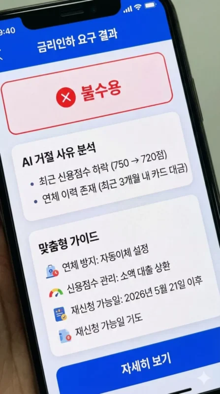 금리인하 요구 불수용 시 AI가 제공하는 '거절 사유 분석 및 맞춤형 가이드' 화면