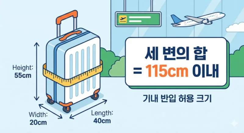 기내 반입이 가능한 캐리어 크기(세 변의 합 115cm)를 설명하는 일러스트 이미지