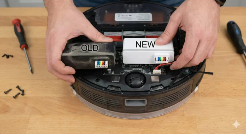 기존 배터리와 새 배터리의 커넥터 핀 배열을 비교하고 본체에 결합하는 사진