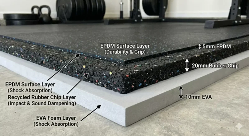 다양한 두께와 재질(EVA, EPDM, 고무칩)의 홈짐 바닥 매트 단면과 구조를 보여주는 스크린샷