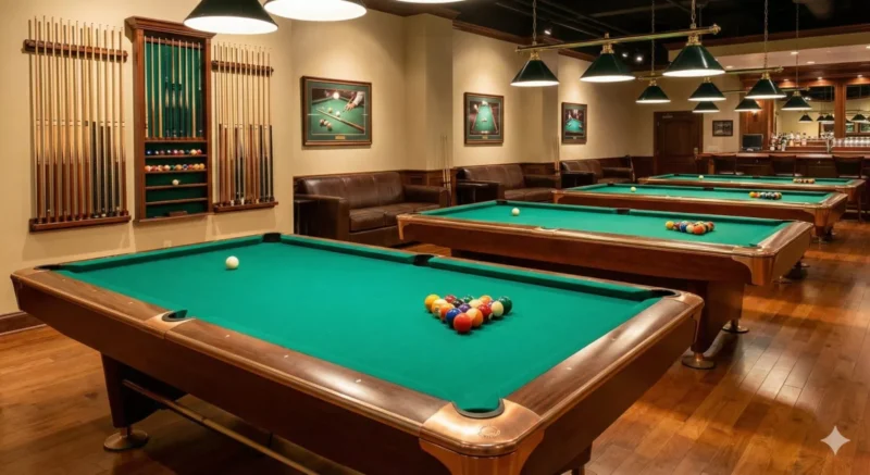 다양한 종류의 당구공과 큐대가 가지런히 놓여 있는 깔끔한 당구장 내부