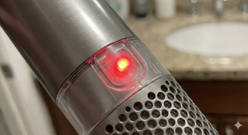 다이슨 에어랩 손잡이 하단의 LED 표시 부분 클로즈업 사진 (빨간불 점등 상태)