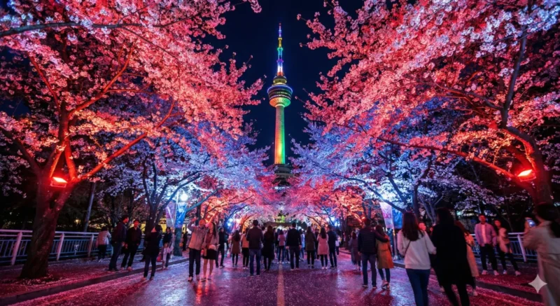 대구 이월드 83타워를 배경으로 붉고 푸른 조명이 켜진 야간 벚꽃 터널의 화려한 풍경