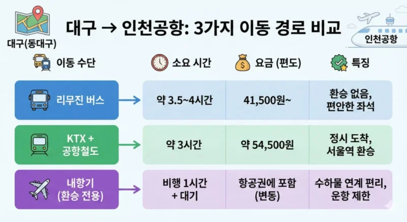 대구에서 인천공항까지의 3가지 주요 이동 경로를 한눈에 보여주는 표 요약 인포그래픽