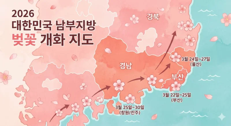 대한민국 남부지방의 분홍빛 벚꽃 개화 시기 지도가 그려진 일러스트 이미지