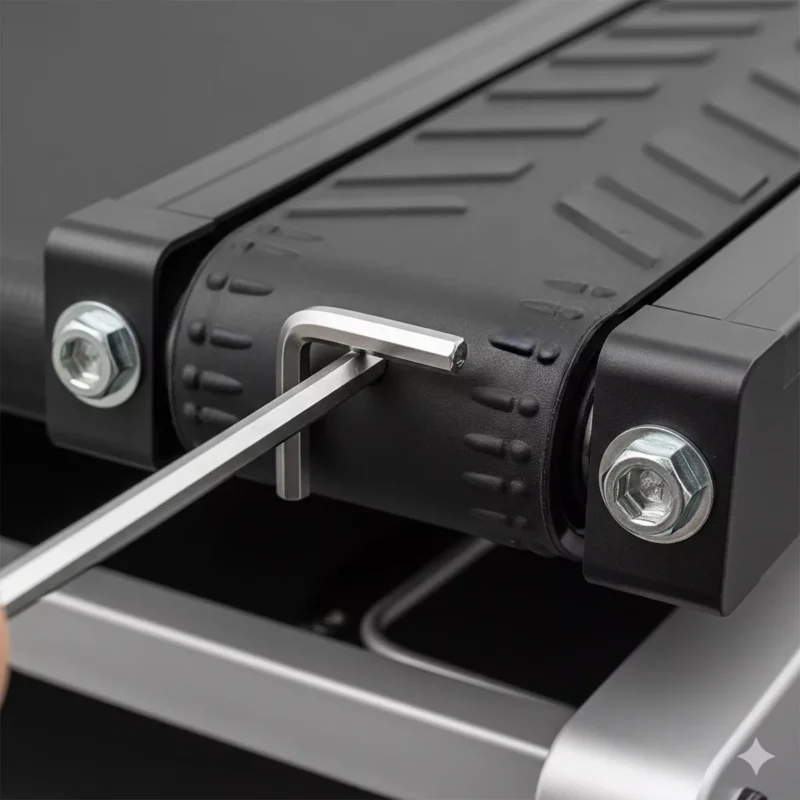 런닝머신 뒷면 롤러의 좌우 육각 렌치 조절 볼트 위치