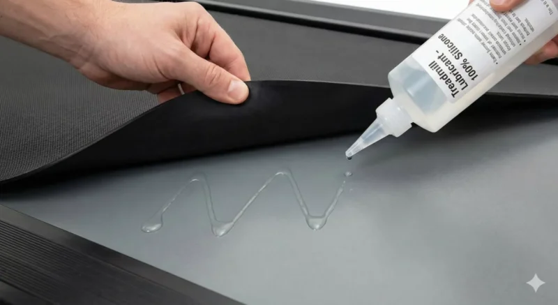 런닝머신 벨트를 위로 들어올리고 데크 중앙에 전용 실리콘 오일을 주입하는 모습