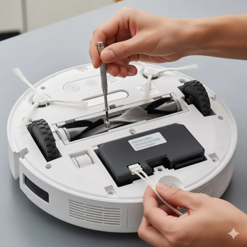 로봇청소기 하단 나사를 풀고 배터리 팩 커넥터를 분리하는 사진
