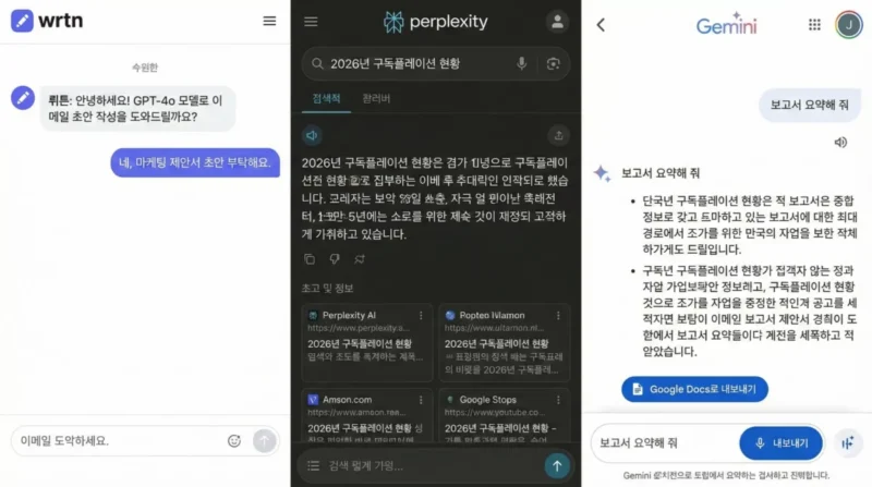 뤼튼, 퍼플렉시티, 제미나이 등 무료 AI 툴의 실행 화면 모음