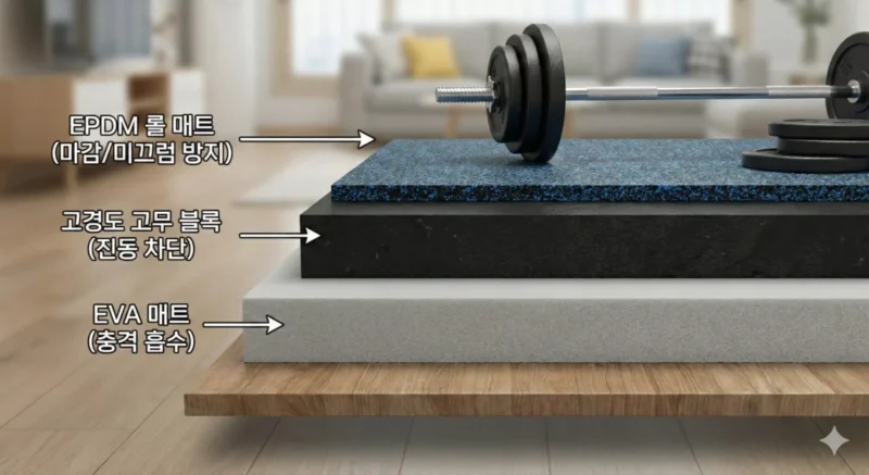마룻바닥 위로 EVA 매트 - 고경도 고무 블록 - EPDM 롤 매트 순으로 시공된 3중 방진 매트 구조를 보여주는 상세 도해