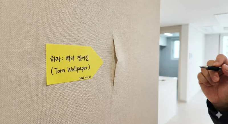 벽지 찢어짐 하자에 화살표 모양 포스트잇을 붙이고 촬영