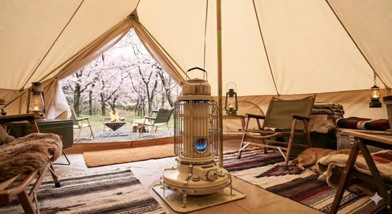 봄 캠핑장 텐트 내부에서 등유 난로를 사용하는 장면 사진