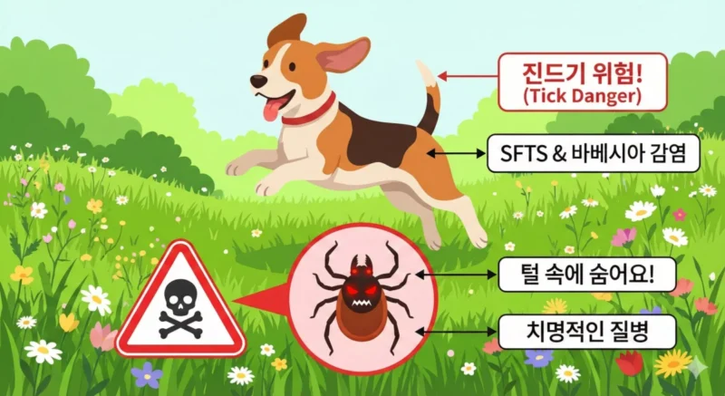봄철 풀밭에서 행복하게 뛰어노는 강아지와 진드기 위험성을 경고하는 인포그래픽
