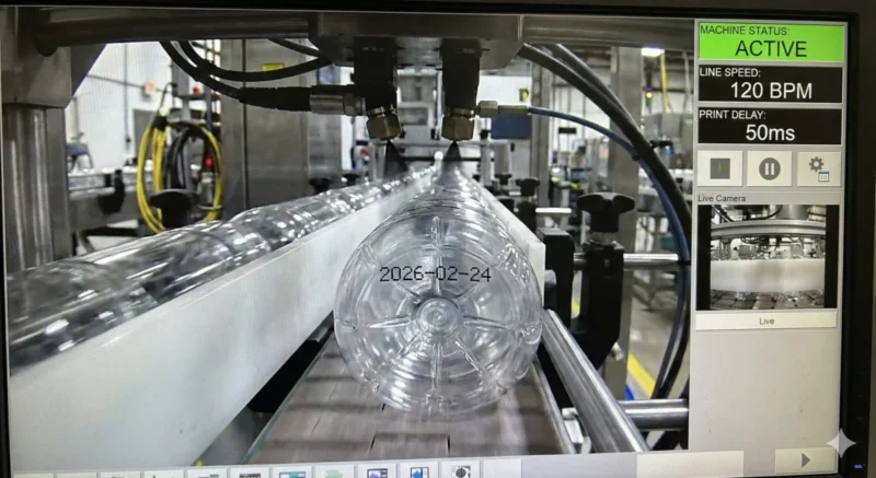 산업용 연속식 잉크젯(CIJ) 마킹기가 컨베이어 벨트 위 둥근 페트병 바닥에 날짜를 마킹하는 모습의 스크린샷