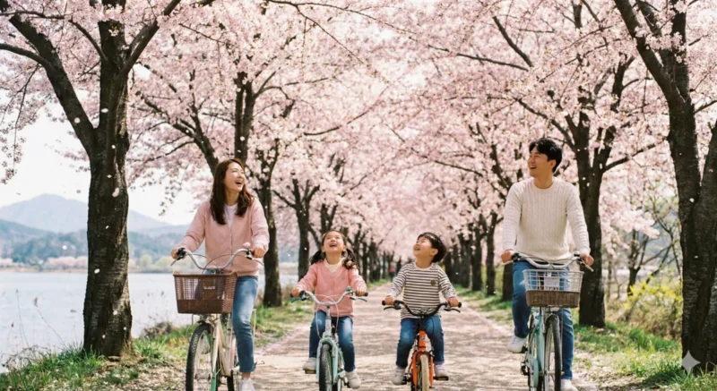 산책로를 따라 핀 벚꽃 터널과 자전거를 타는 가족들의 모습