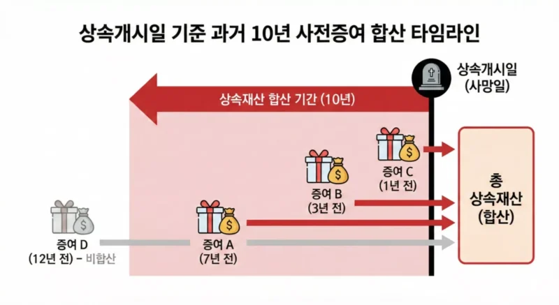 상속개시일 기준 과거 10년 사전증여 합산 타임라인 다이어그램