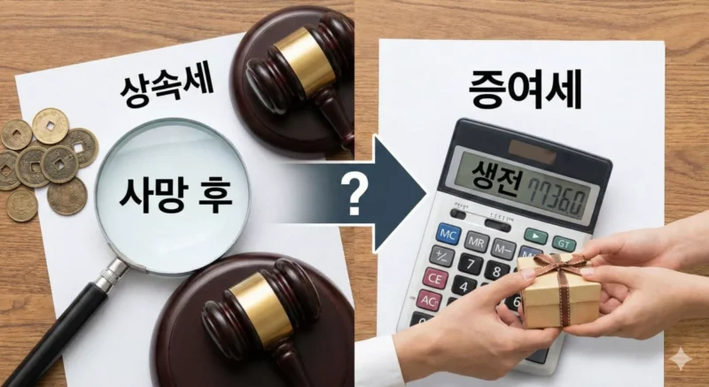 상속세와 증여세의 차이를 보여주는 돋보기와 계산기 콘셉트의 이미지