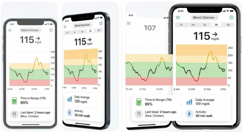 스마트폰 앱과 연동된 연속혈당측정기(CGM) 그래프가 나타난 화면 스크린샷