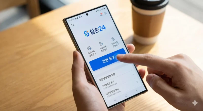 스마트폰 화면에 '실손24' 어플리케이션이 실행되어 있고, 간편 청구 버튼을 누르는 손가락 이미지