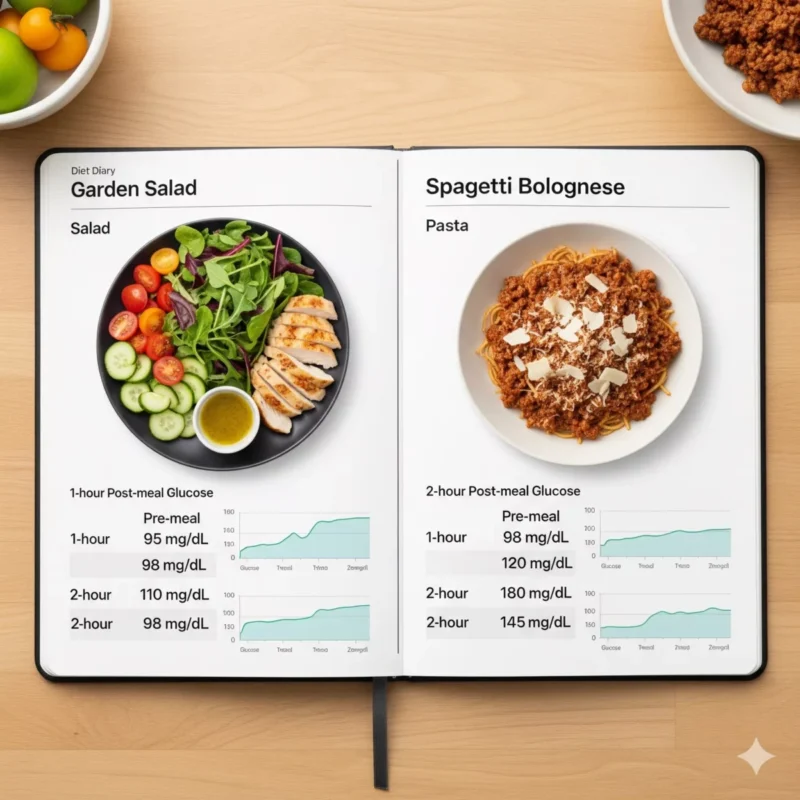 식사 종류와 전후 혈당 수치 변화를 꼼꼼히 비교 기록한 다이어트 다이어리 사진