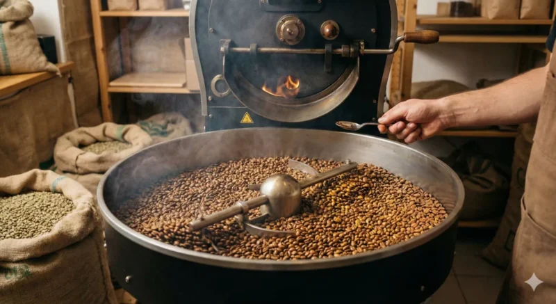 신선한 원두로 로스팅하는 모습