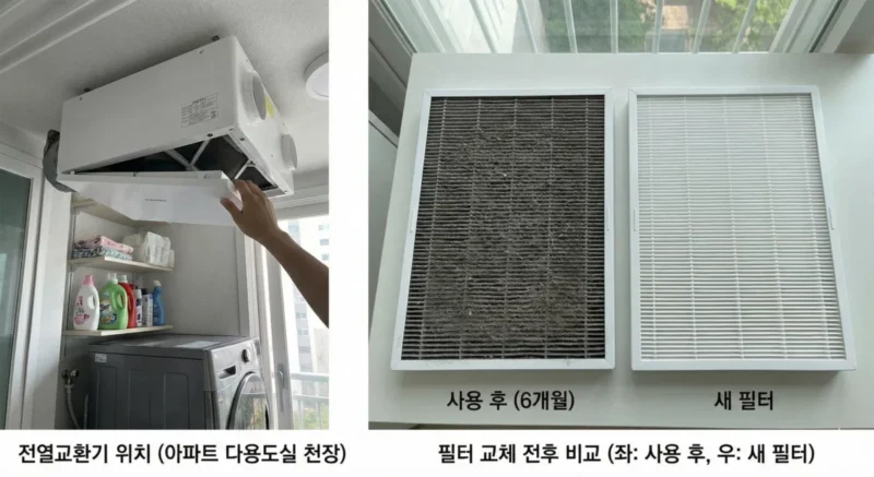 아파트 다용도실 천장의 전열교환기 위치 및 필터 교체 전후 비교 사진(검게 변한 필터와 새 필터)