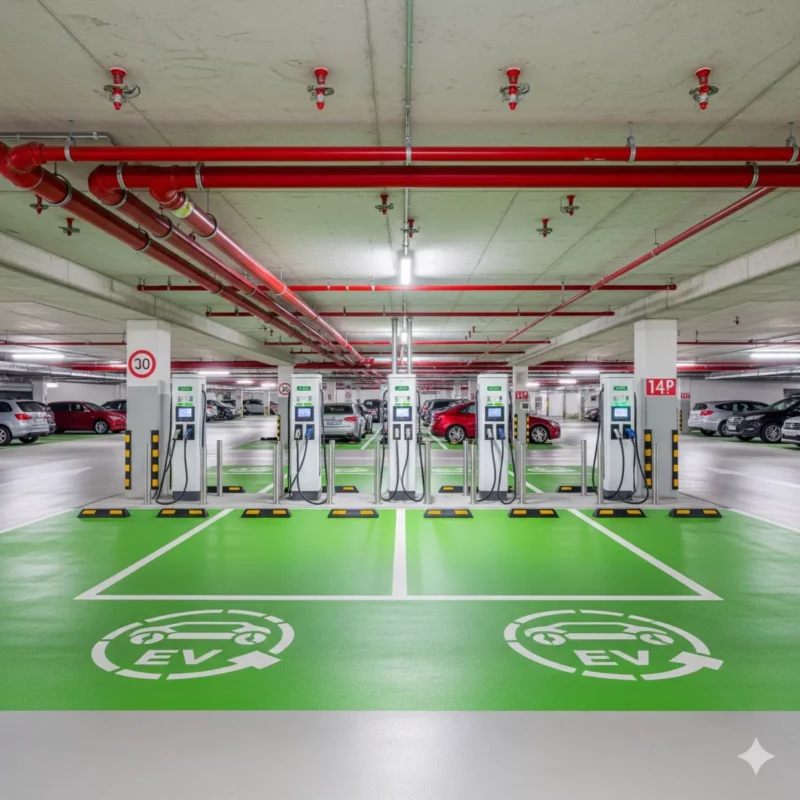 아파트 지하 주차장에 설치된 전기차 전용 충전 구역과 천장에 설치된 스프링클러 설비 사진