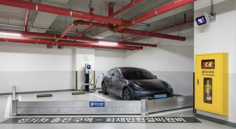아파트 지하주차장 전기차 충전 구역에 설치된 스프링클러와 안전 장비들의 예시