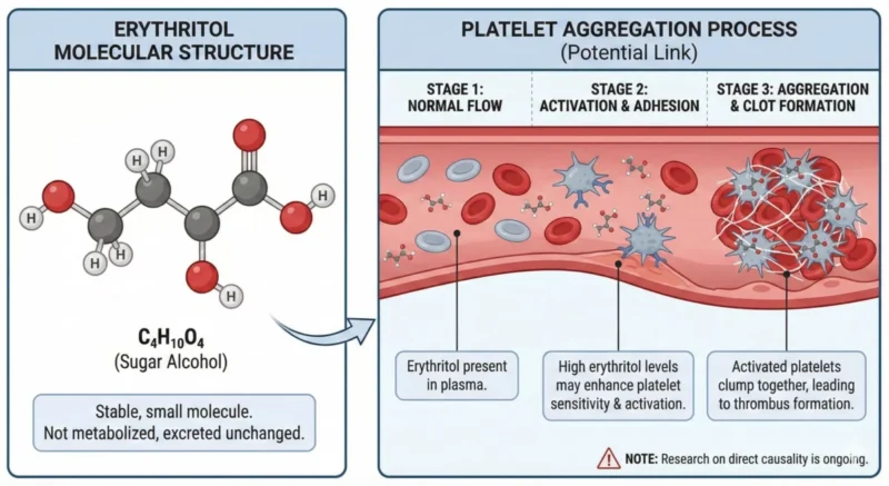 에리스리톨 분자 구조와 혈관 내 혈소판 응집 과정