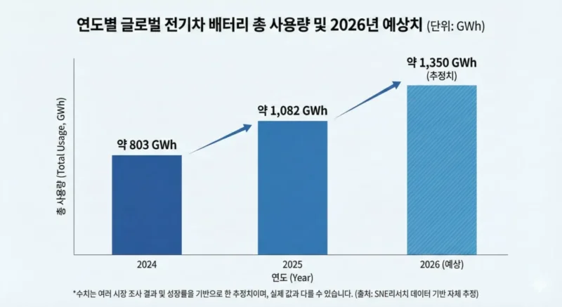연도별 글로벌 전기차 배터리 총 사용량 및 2026년 예상치